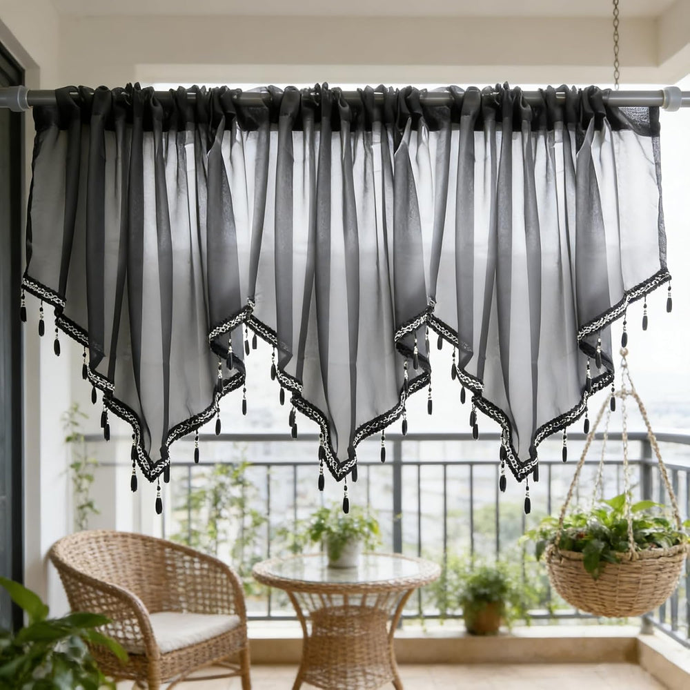 3 Pieces Black Beaded Sheer Valance with Rod Pocket Scalloped Window Curtains...