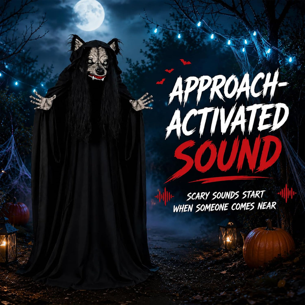 66.9" Halloween Animatronic Werewolf Face Changing Prop, Sound Activated...
