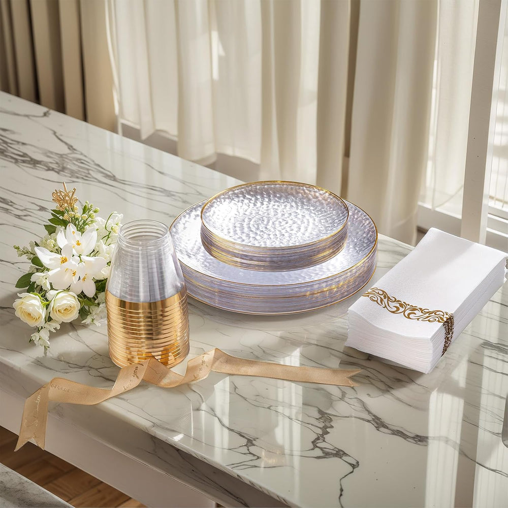 DaYammi 100PCS Gold Plastic Plates, 7 inch Hammered Dessert Plates