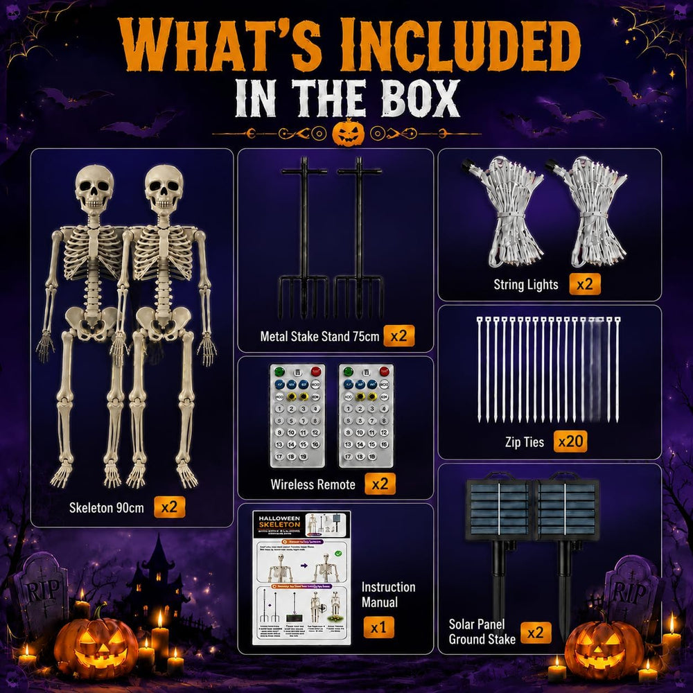36" Solar Halloween Skeleton Decorations with Metal Stake & Warm Lights