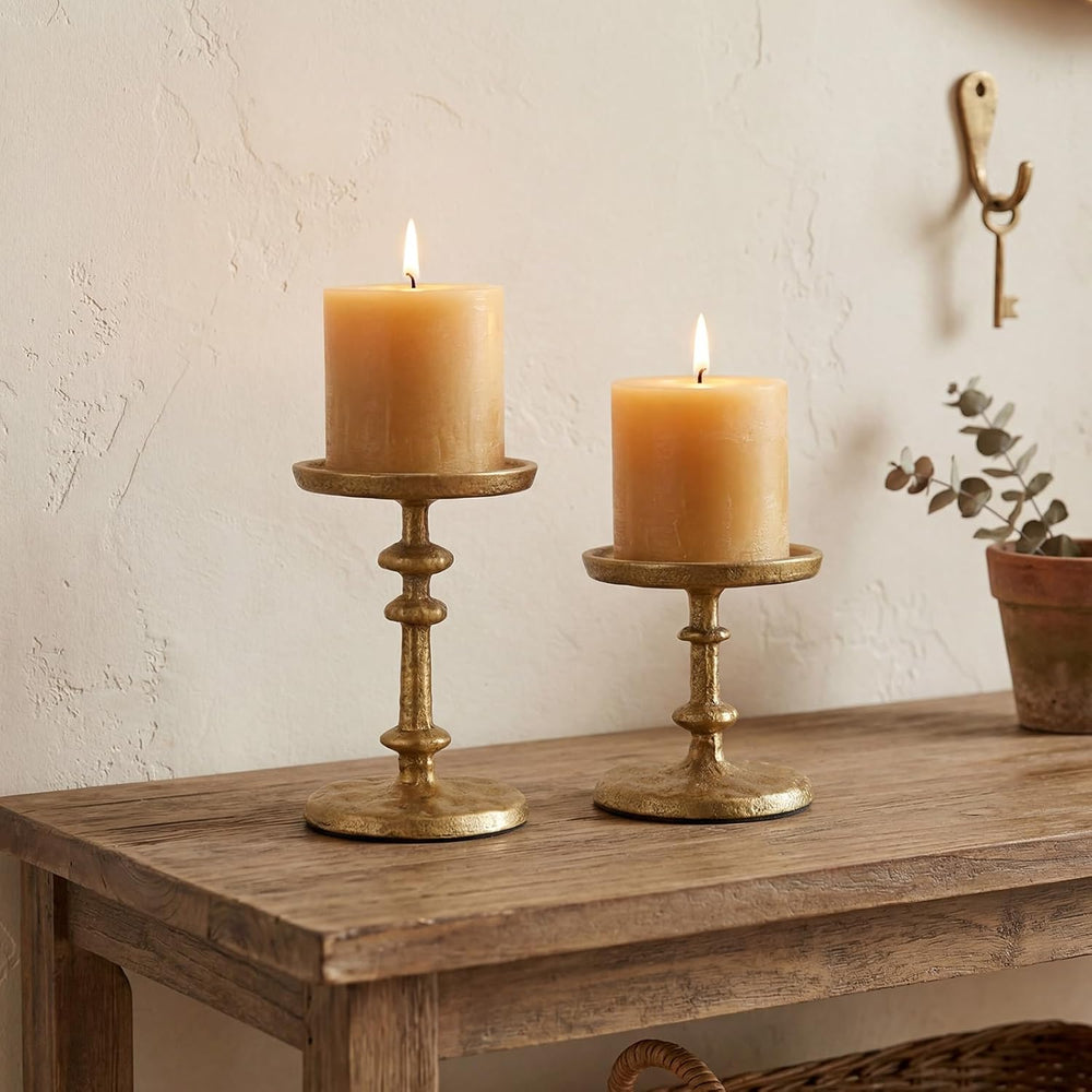 Gold Cast Iron Pillar Candle Holders Set of 2 Farmhouse Candlesticks
