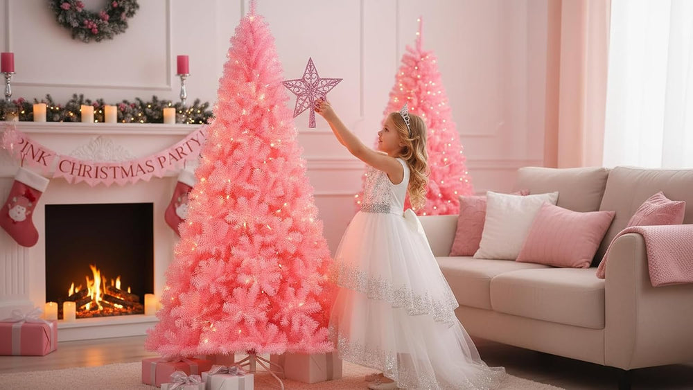 KTKDE 7.5ft Pink Christmas Tree, Artificial Christmas Tree, Sturdy Metal Stan...