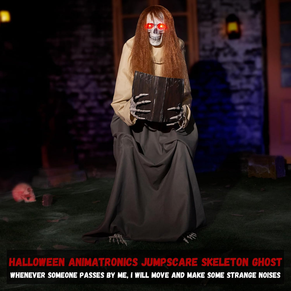 Halloween Animatronics Sitting Skeleton Ghost Decorations, 51'' Anima...