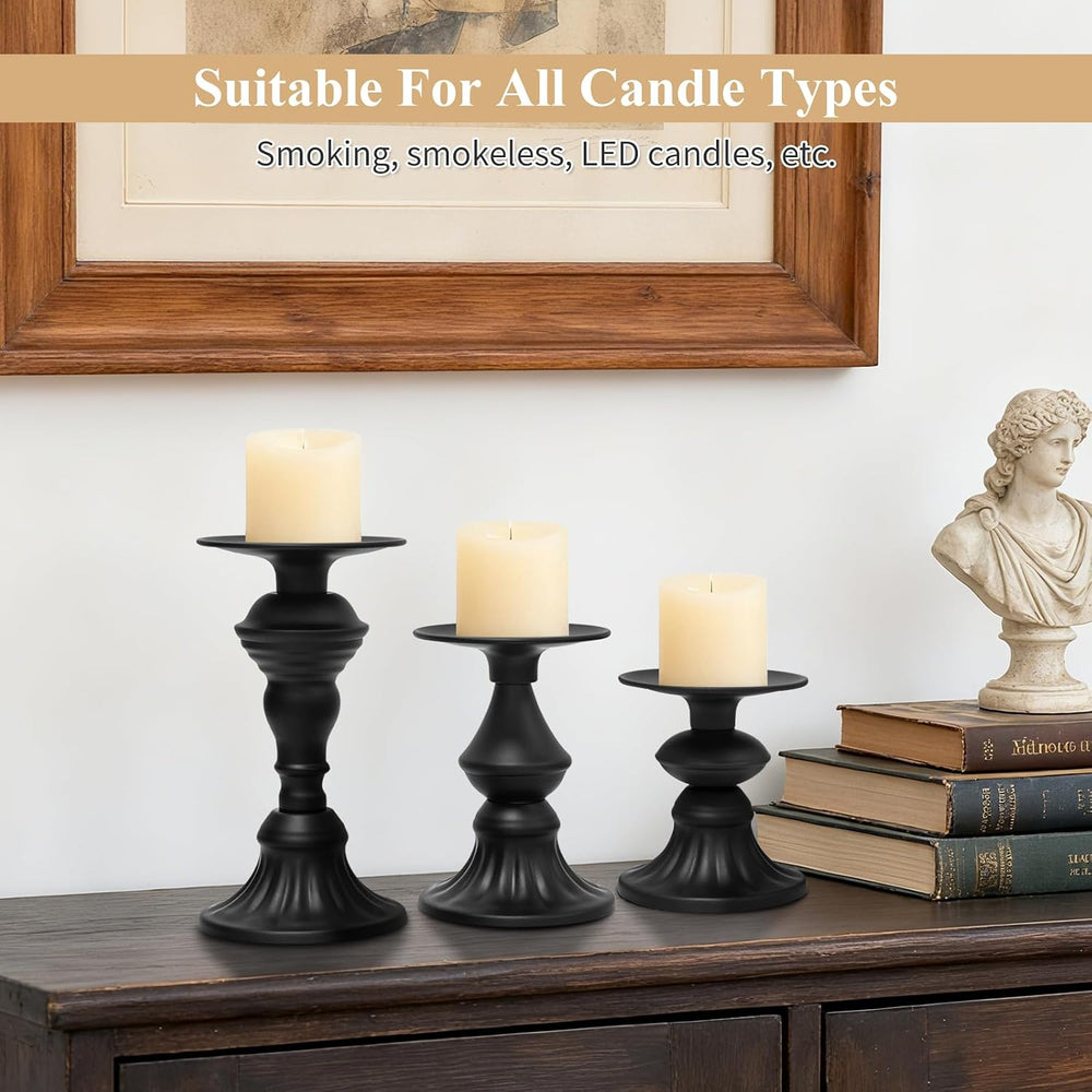 GUTE Pillar Candle Holders 3 Pcs Matte Black Metal Candlestick Decor