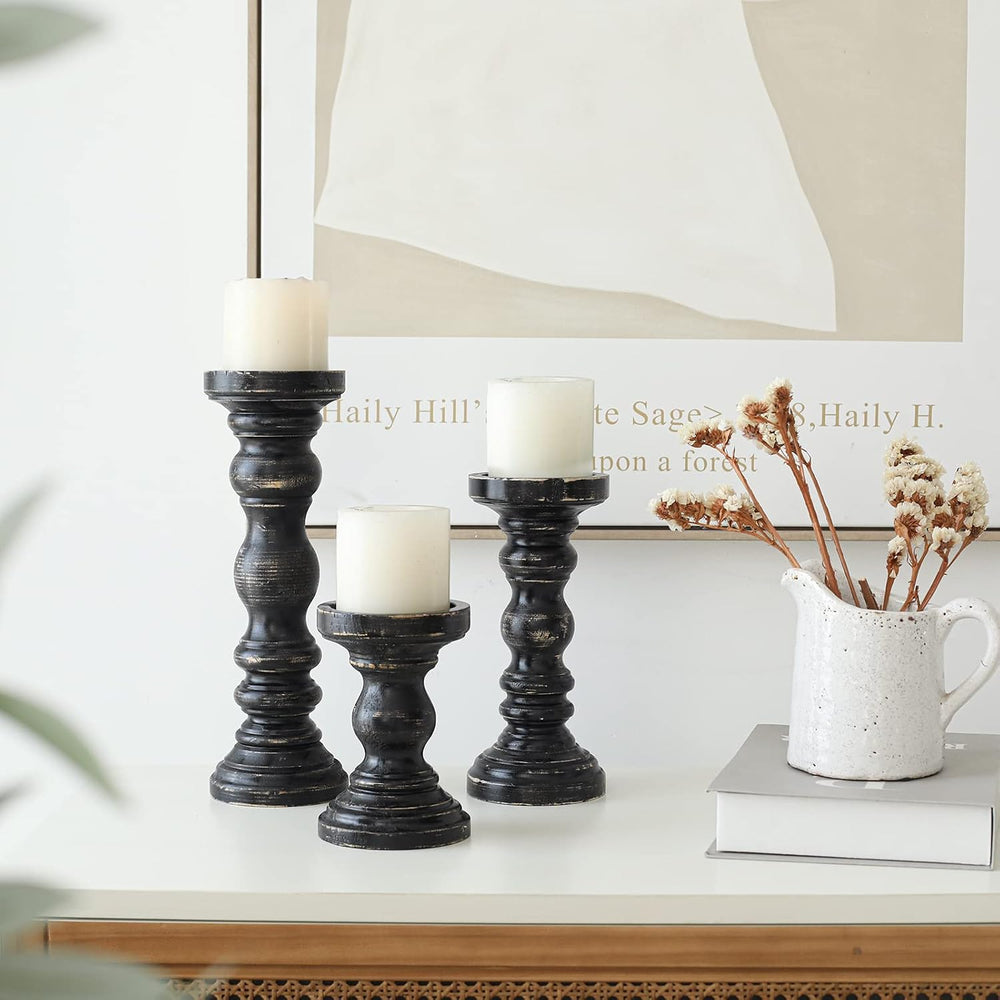 SWALLOWLIVING Rustic Farmhouse Wood Pillar Candle Holder Set of 3 for Candles...