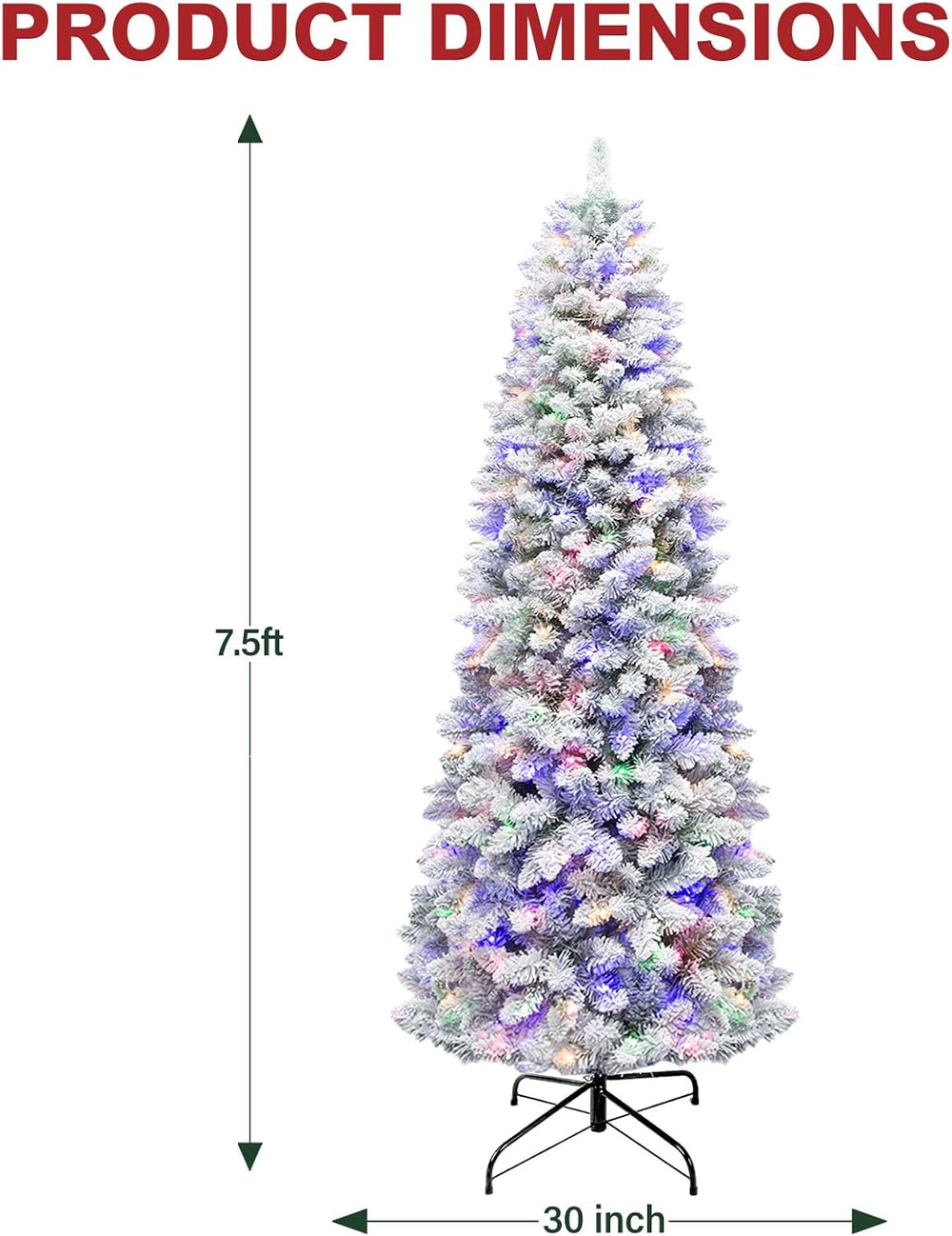 Hykolity 7.5ft Prelit Slim Flocked Christmas Tree with 240 Multicolor LEDs