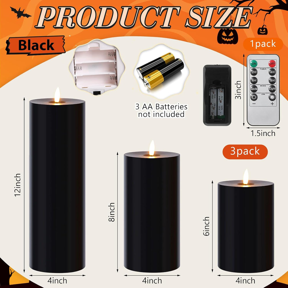 3 Pcs 6/8/12" Halloween Black Flameless LED Candle Decor for Home