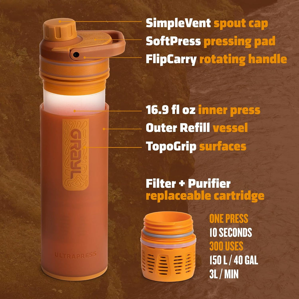 GRAYL UltraPress 16.9 oz Water Purifier & Filter Bottle, Mojave Redrock