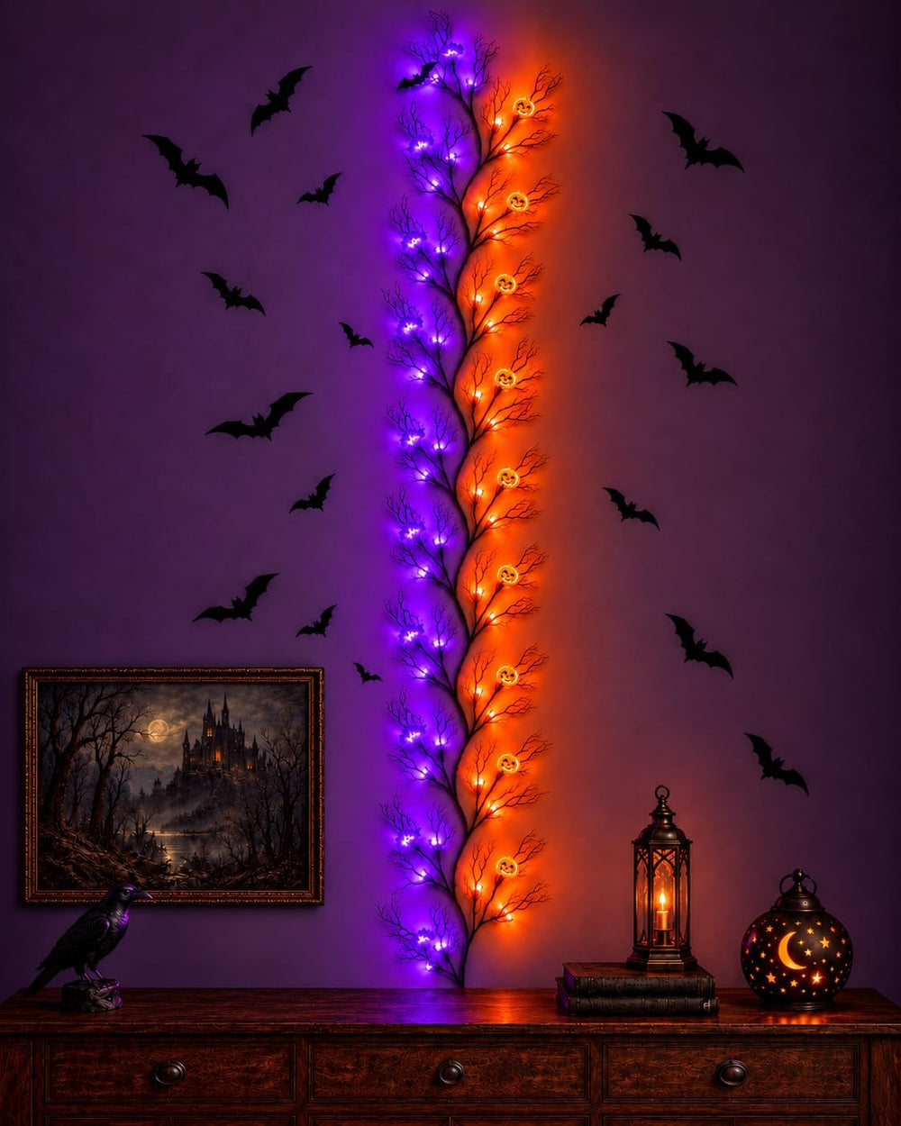 Halloween Twig Garland Decoration with 66 Purple and Orange LED Lights,9 FT