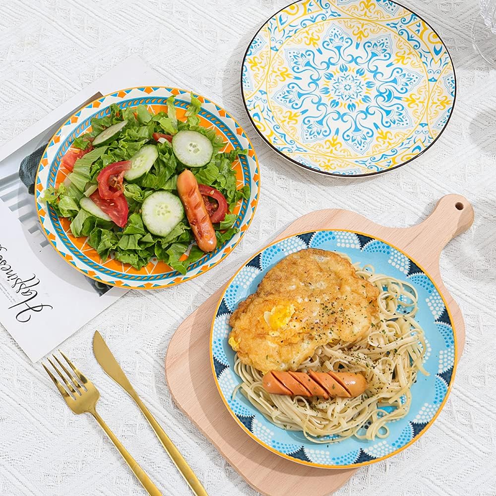 Dessert Plate Set of 6-8 Inch Ceramic Salad and Appetizer Plates - Vibrant Mi...