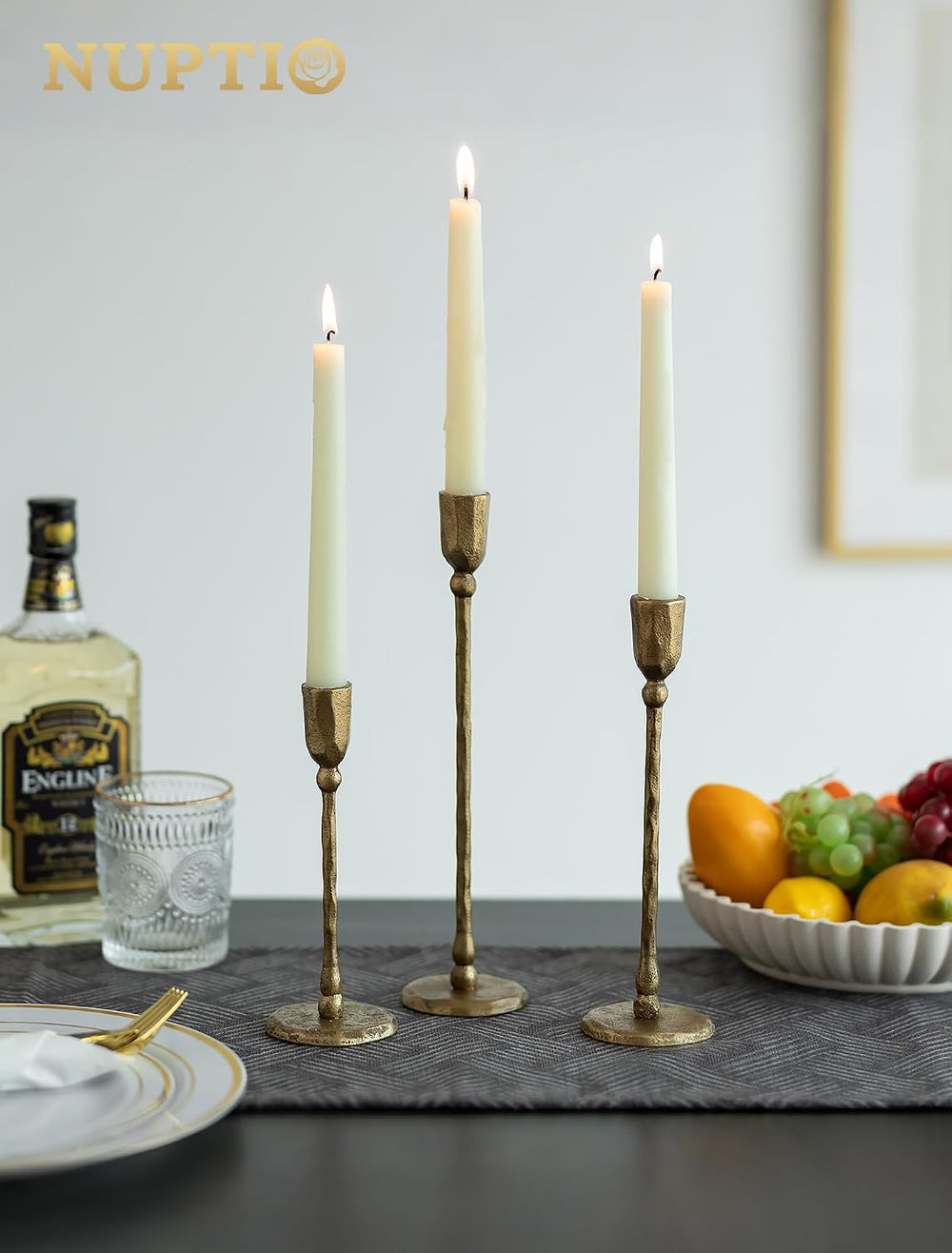 NUPTIO Iron Taper Candle Holders: Antique Brass Candlestick Holder Set of 3