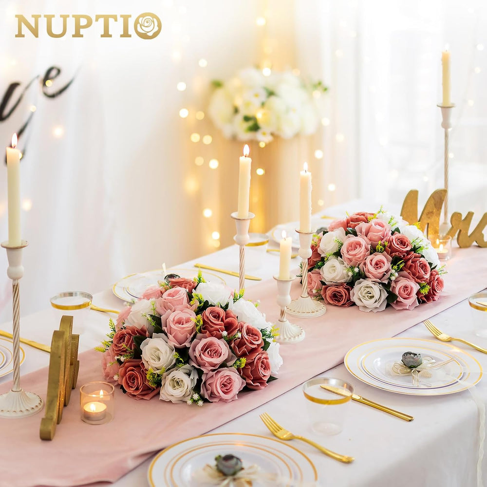 NUPTIO Large Artificial Flower Centerpieces: Dusty Rose & White Fake Balls