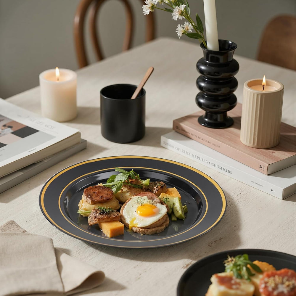 bUCLA 200PCS Black and Gold Plastic Plates - 6.25inch Black with Gold Rim Dis...