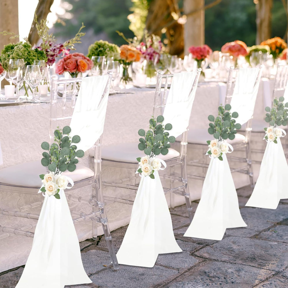 24 Set Wedding Aisle Chair Decorations Pew Bows, Round Eucalyptus