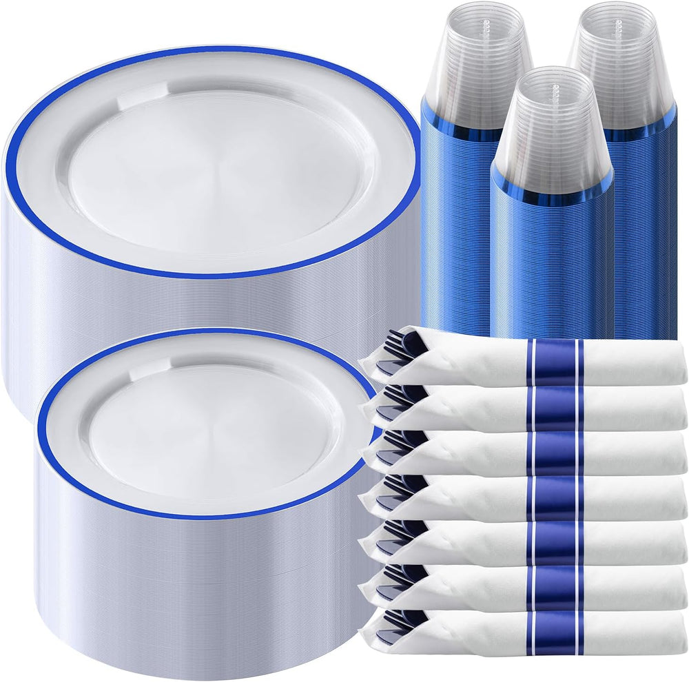 350 Pcs Clear Blue Plastic Plates Disposable for Party 50 Guests