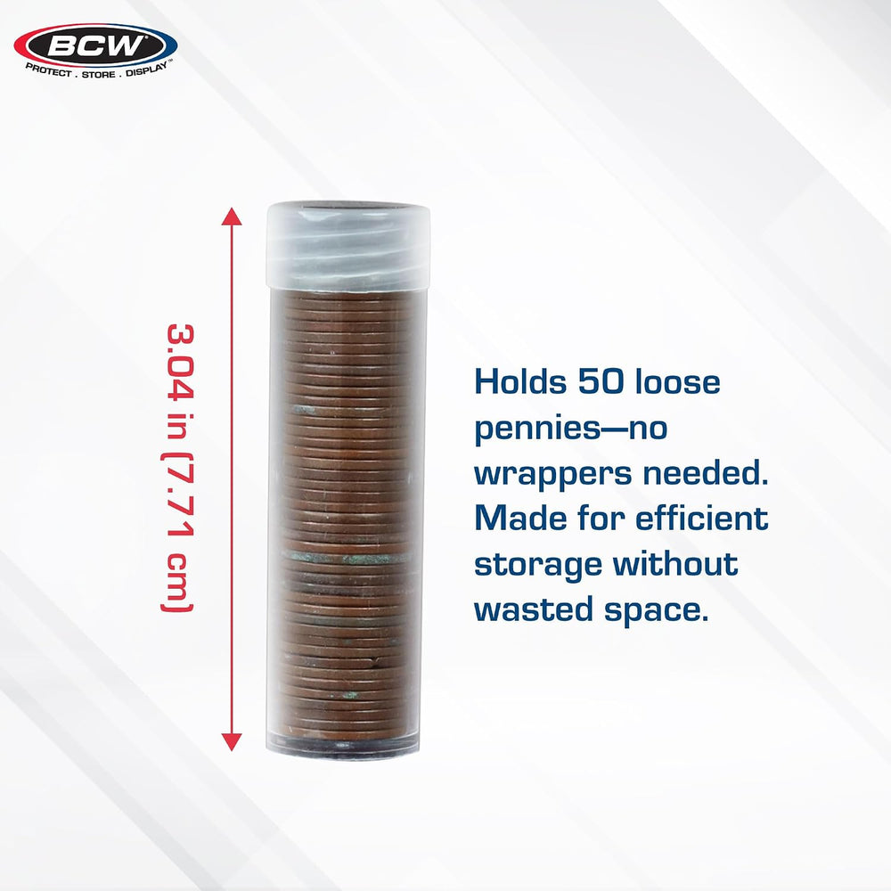 BCW Penny Coin Tubes for US Lincoln Pennies, Airtight Screw Caps, 100 Pack