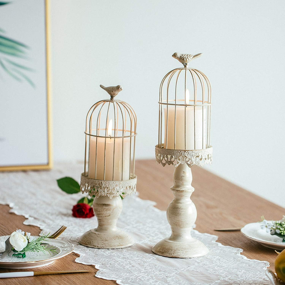 Sziqiqi Birdcage Candle Holders Decorative Set of 2,Distressed Ivory