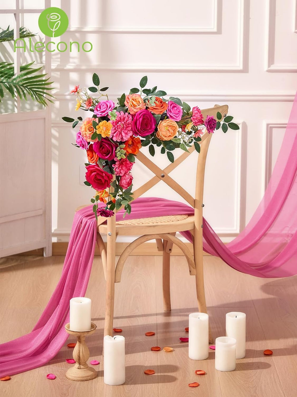 Alecono Orange and Hot Pink Artificial Flowers, Silk Fake Floral Set