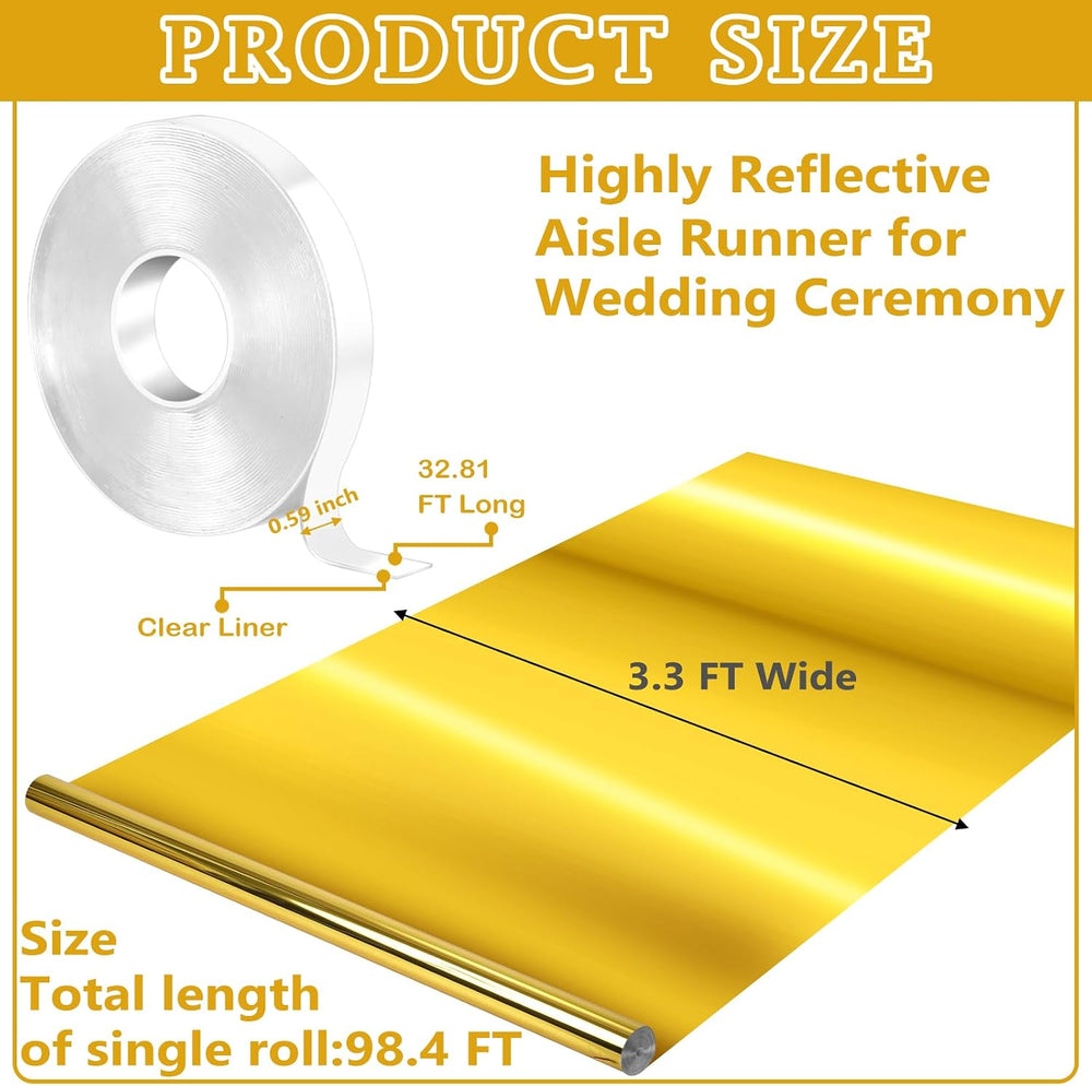 Tinideya 3.3 x 98.4 ft Mirror Rug Aisle Runner for Wedding Ceremony, Gold