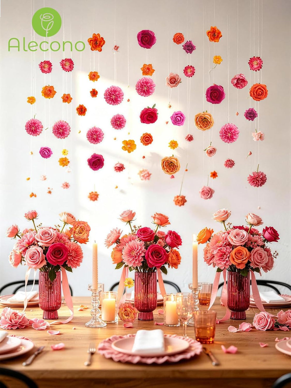 Alecono Orange and Hot Pink Artificial Flowers, Silk Fake Floral Set