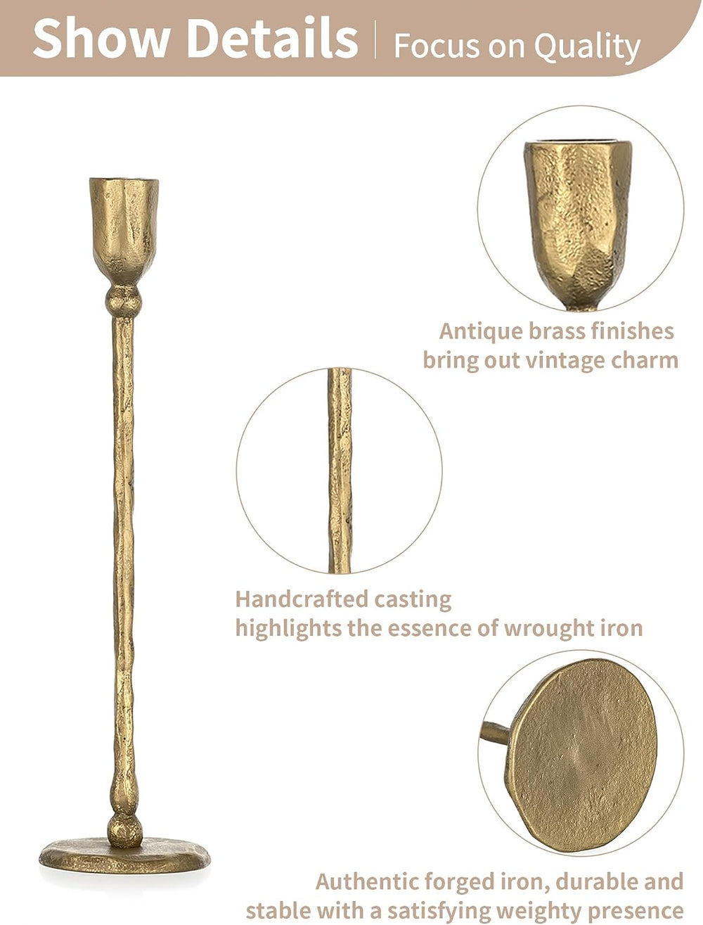 NUPTIO Iron Taper Candle Holders: Antique Brass Candlestick Holder Set of 3