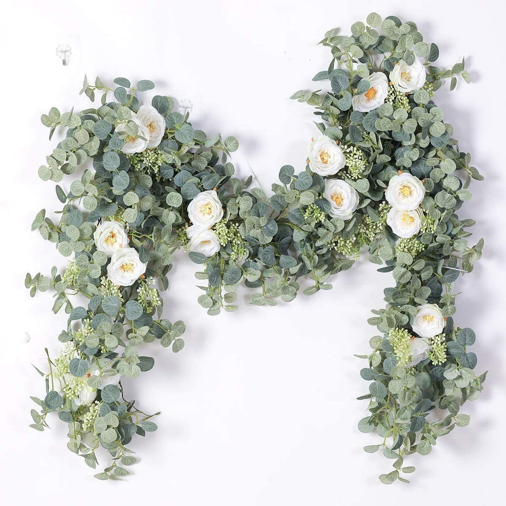 6.56ft Eucalyptus Garland with Flowers-8 White Roses, Artificial Fake Flowers...