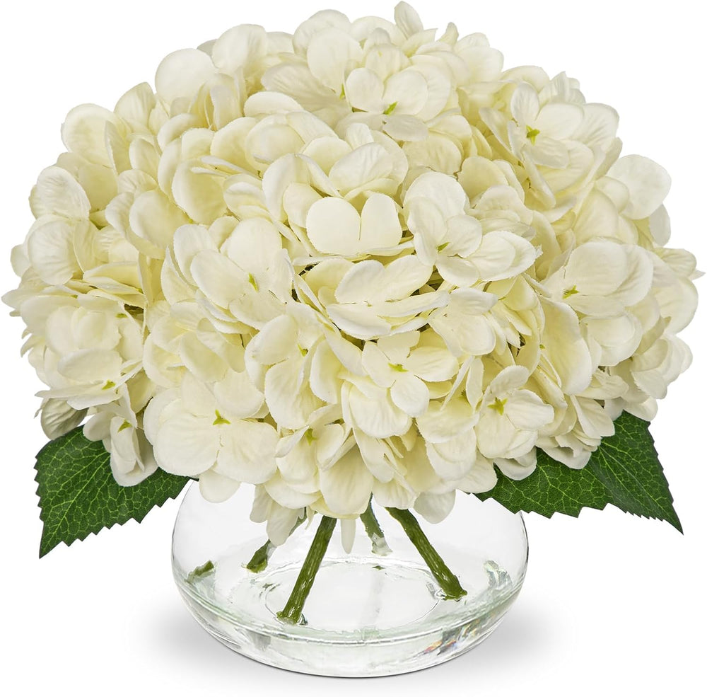 Hollyone Ivory White Hydrangea Artificial Flowers with Glass Vase Green Silk ...