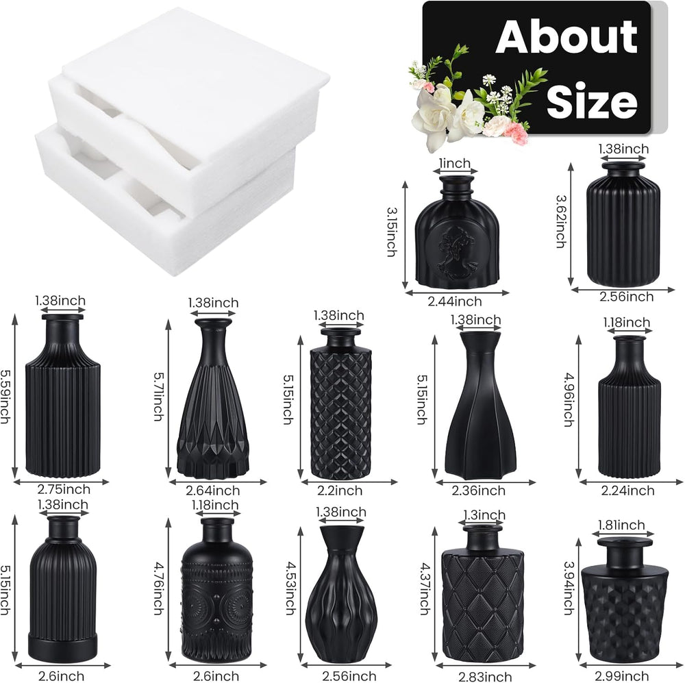 TBWIND 12 Pcs Black Glass Bud Vase Set, Small Vases for Flowers