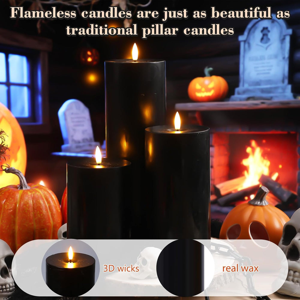 3 Pcs 6/8/12" Halloween Black Flameless LED Candle Decor for Home