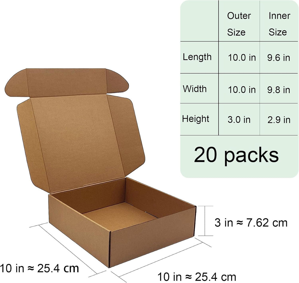 10x10x3 inch Shipping Boxes 20 Pack, Brown Corrugated Cardboard Mailer Box