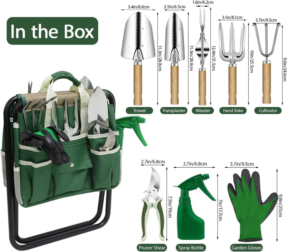 Garden Tool Set, 10 Piece Kit with Heavy Duty Folding Stool, Detachable Stora...