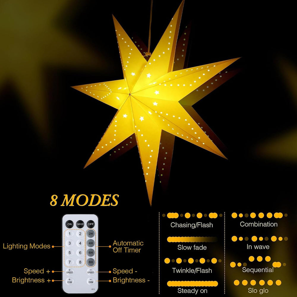 Hiboom 2 Pack Paper Star Lantern 24 Inch, 8 Mode 50 LEDs Firework Fairy Strin...