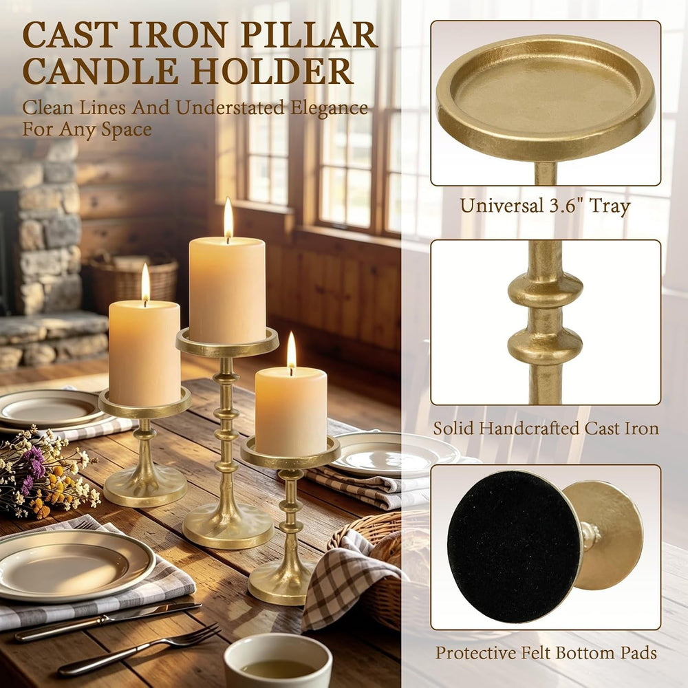 Iron Pillar Gold Candle Holder Set of 3, Heavy Duty Antique Candle Stand