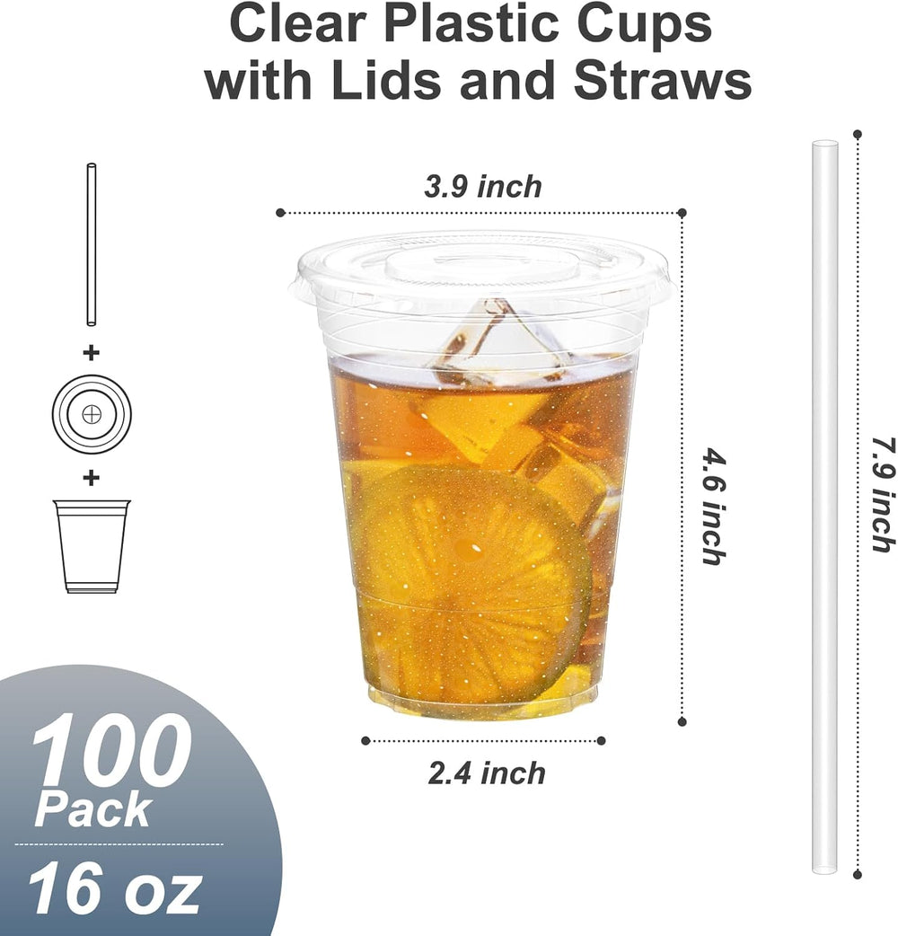Dealusy 100 Pack - 16 oz Clear Plastic Cups with Lids and Straws