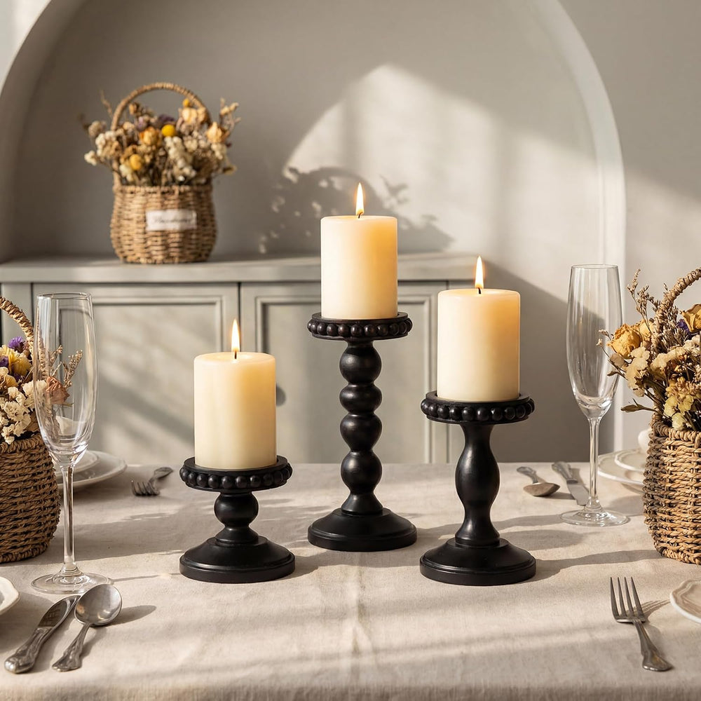 Mumufy 3 Set Wooden Candle Holders for Pillar Candles, Black, Small