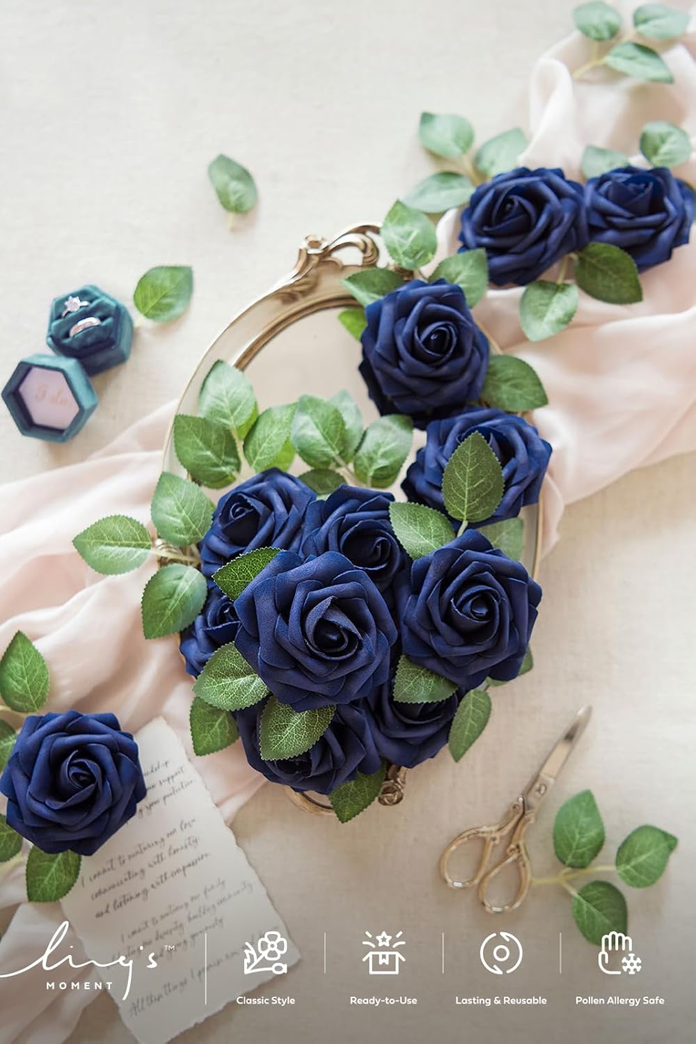 Ling's moment Artificial Flowers 50Pcs Navy Blue Roses Decor w/Stems