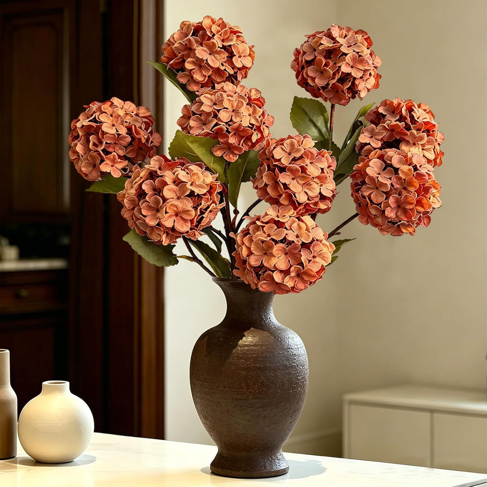 Thewe 4Pcs Orange Hydrangea Artificial Flowers – 27" Vintage Fake Flowers