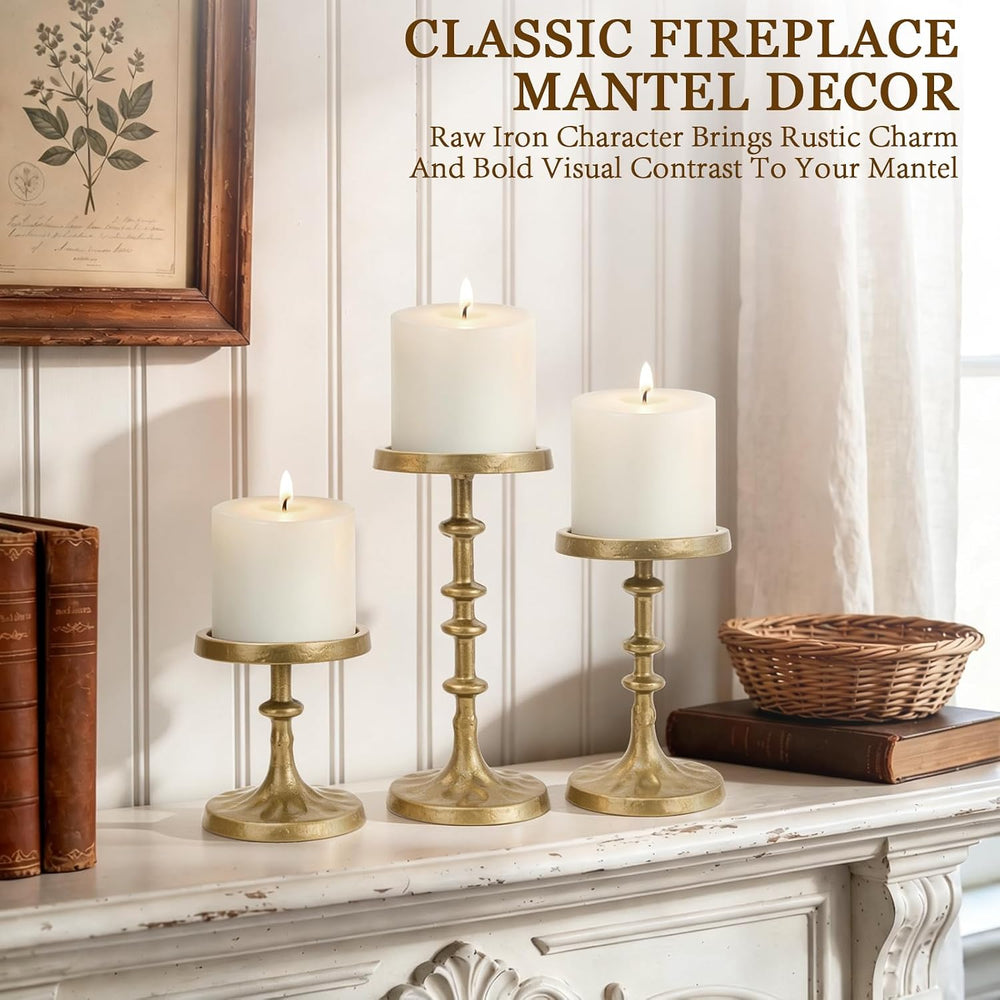 Iron Pillar Gold Candle Holder Set of 3, Heavy Duty Antique Candle Stand
