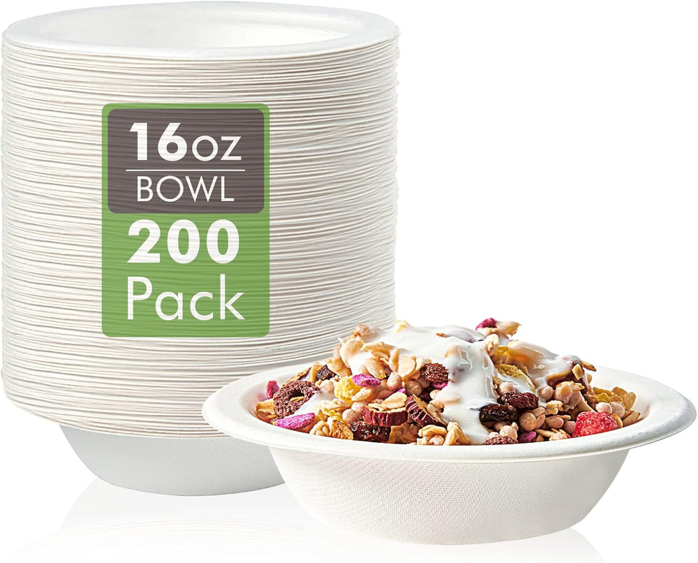 Vplus 200 Pack 16 OZ Compostable Paper Bowls, Bagasse Bowls,White