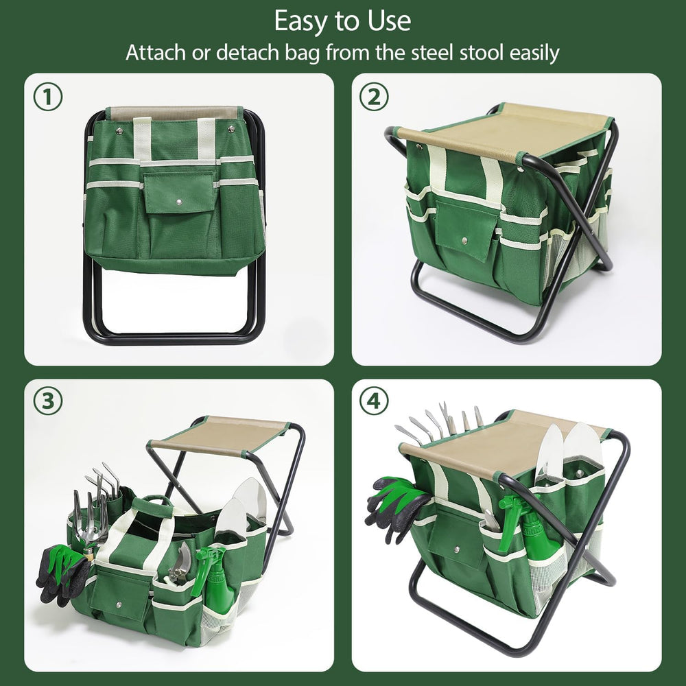 Garden Tool Set, 10 Piece Kit with Heavy Duty Folding Stool, Detachable Stora...