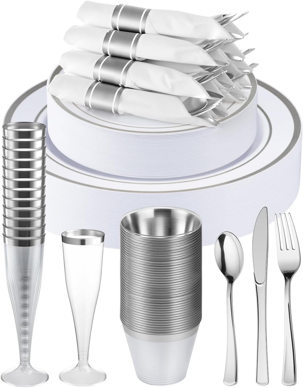 320 PCS Disposable Silver White Plastic Dinner Plate for 40 Guests