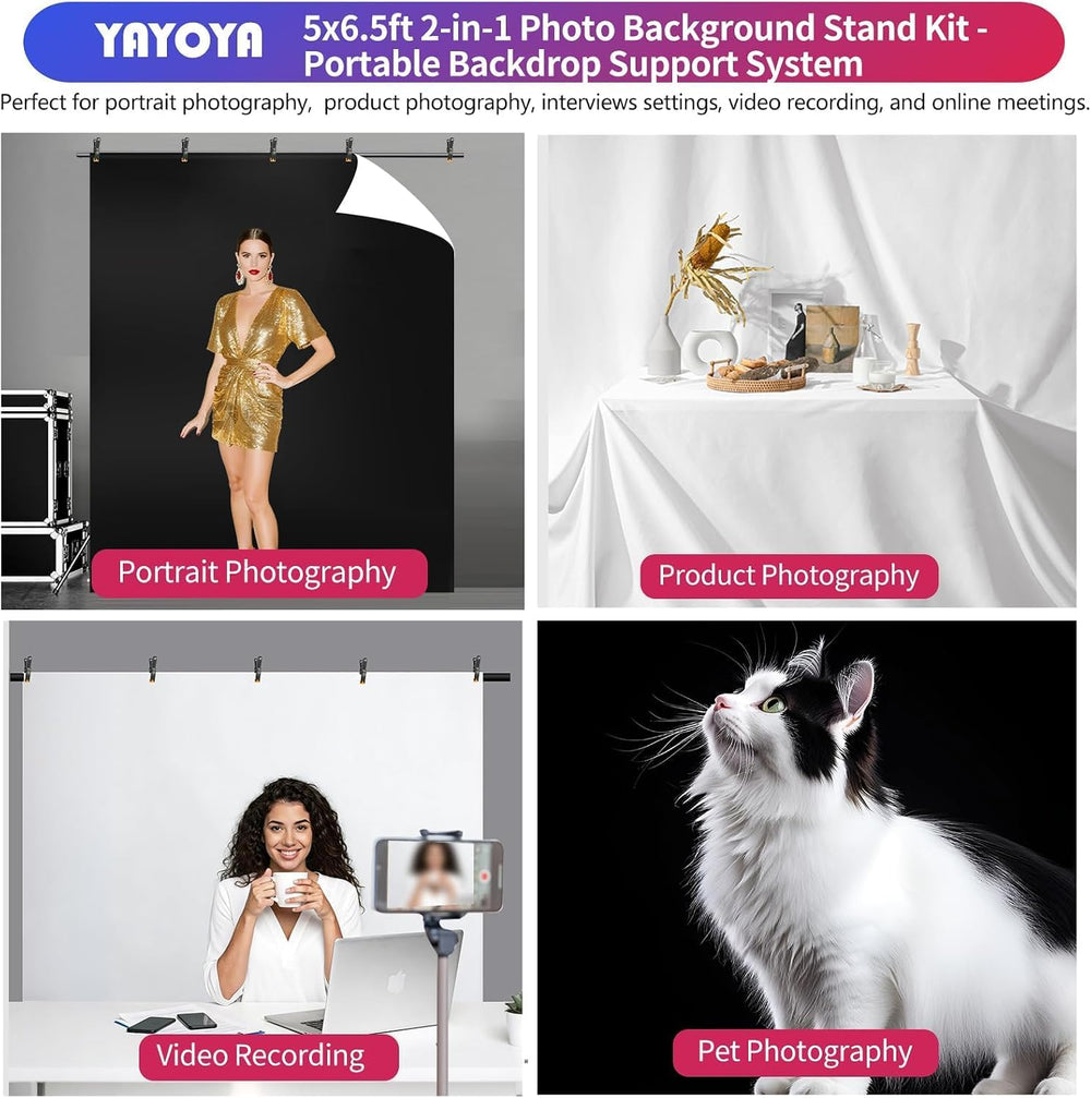 Black White Backdrop with Stand Kit 5x6.5FT, 2-in-1 Photo Background