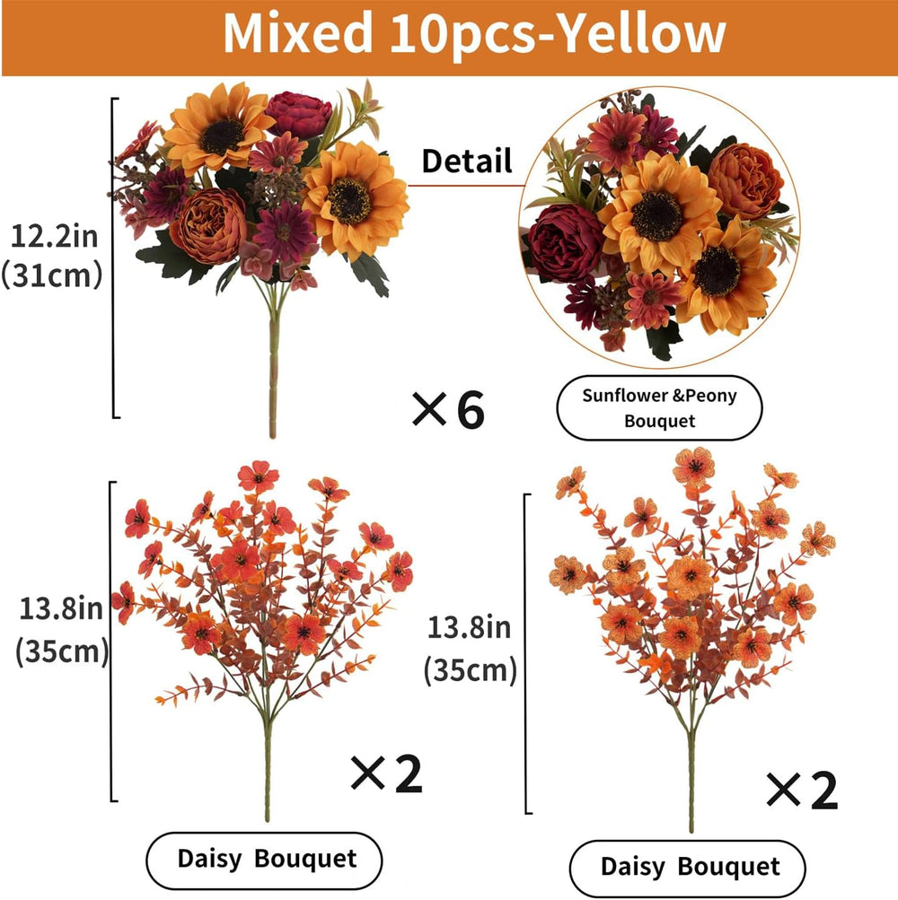 Mixed 10 Pcs Fall Artificial Sunflower Peony Bouquet, Yellow Burgundy Silk Fa...