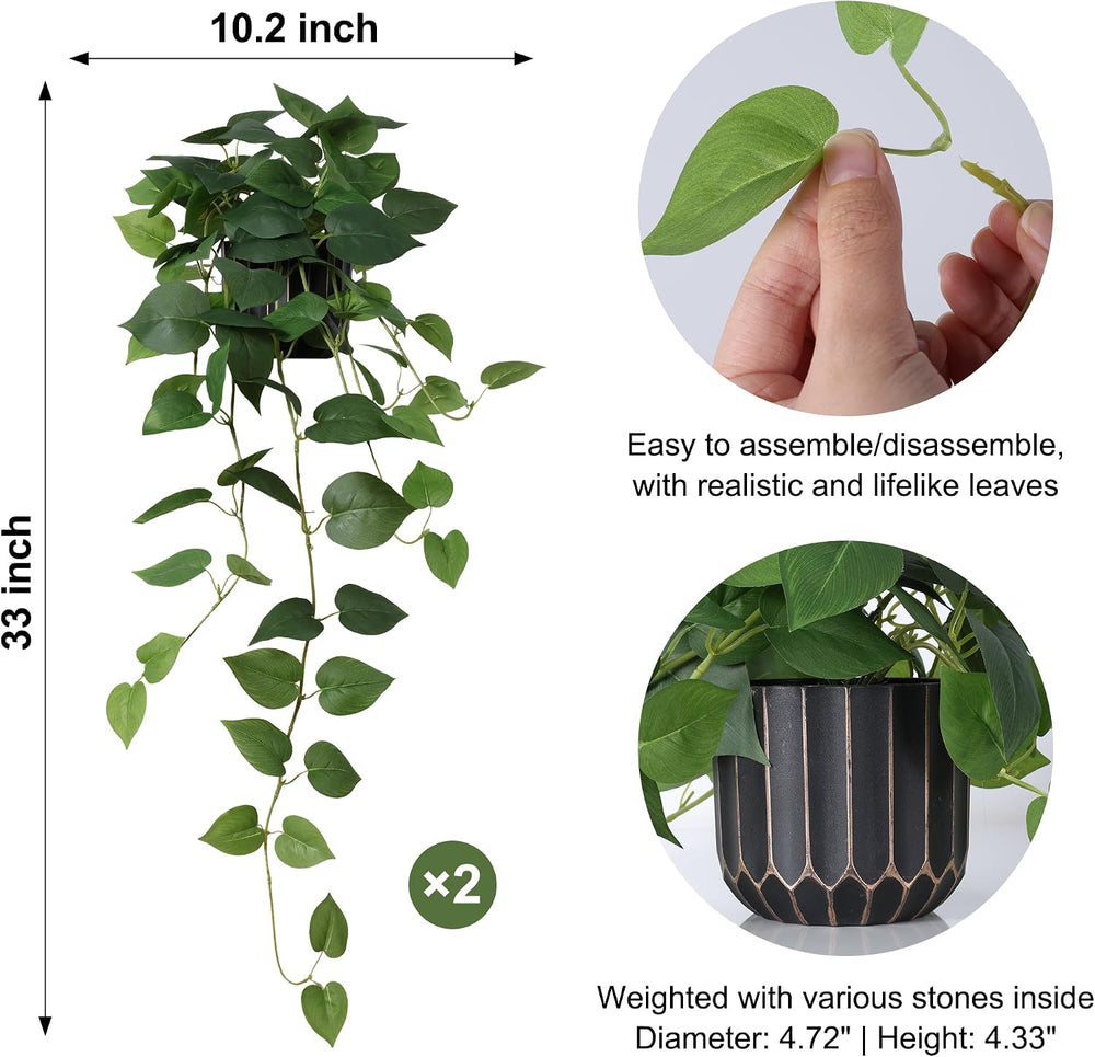 Fake Plants 2 Pcs Faux Pothos Plants Potted Indoor Artificial Hanging Plants ...