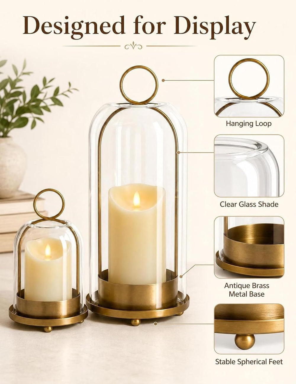 Brass Candle Holder Set of 2, Hurricane Glass Candle Holders with Flameless C...