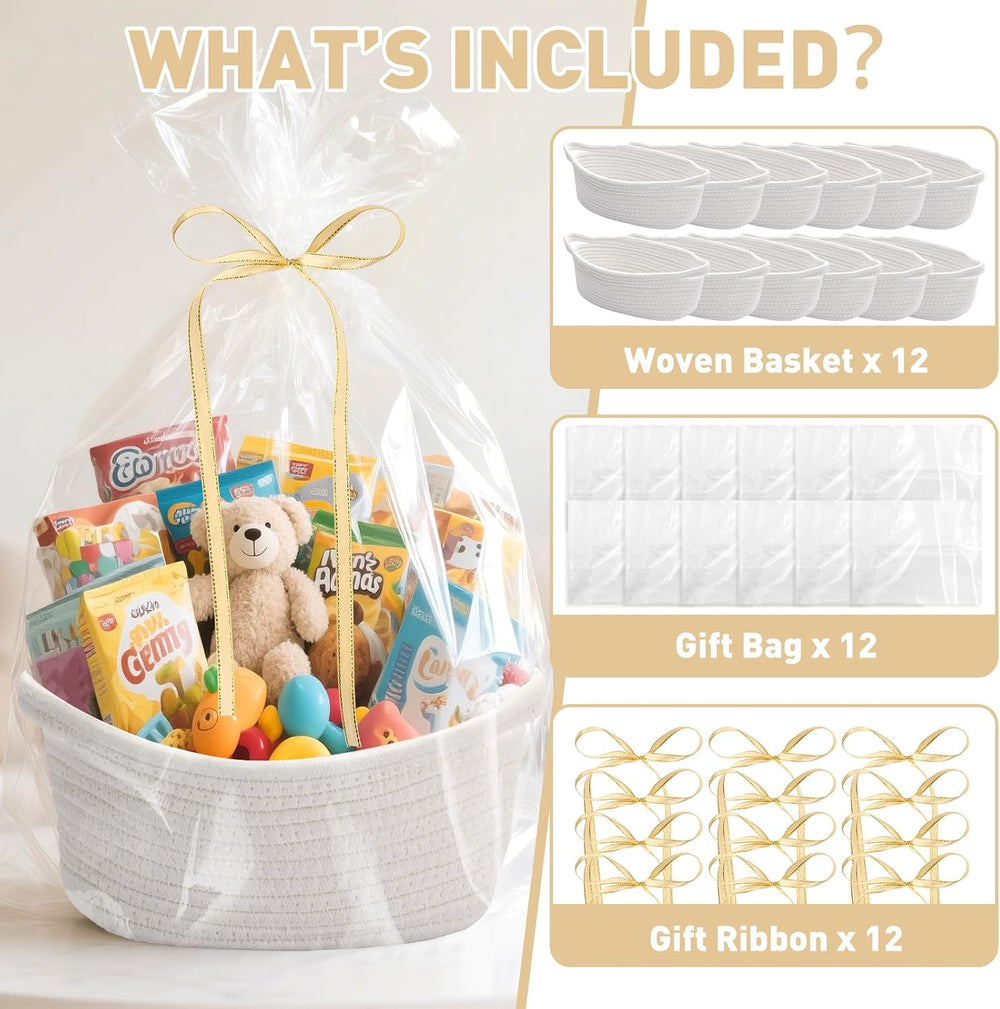 Small Woven Gift Baskets, 12 Pack White Rope Baskets with Gift Bags