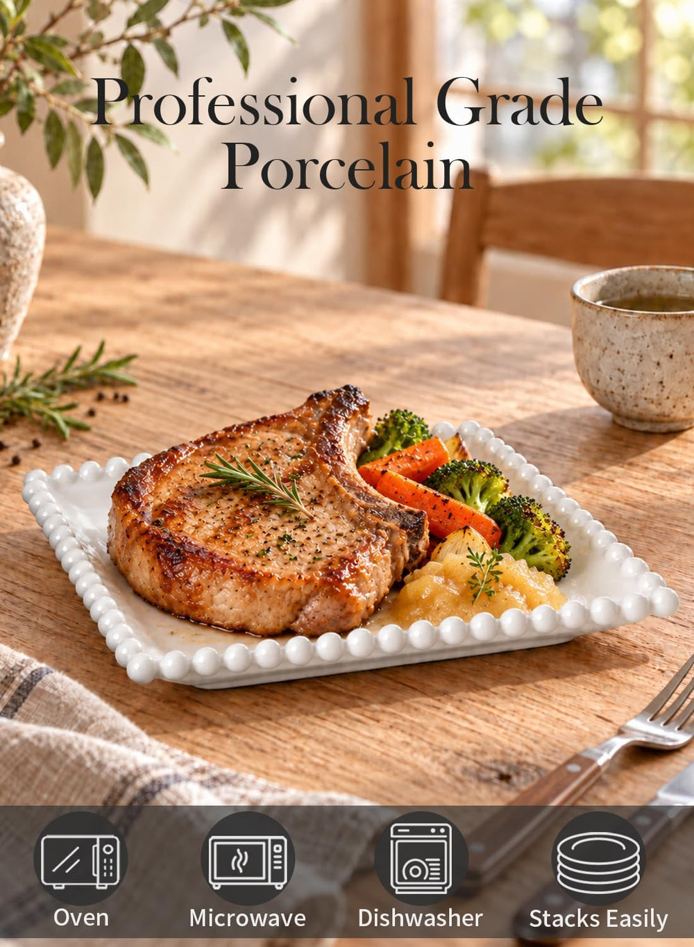 8.5 Inch Ceramic Square Pasta Plates, White Porcelain Dinner Plate Set of 6