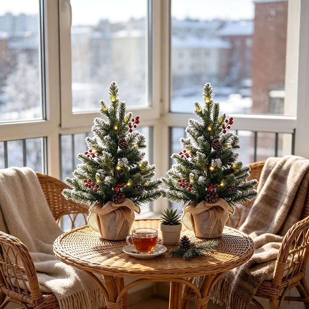 MEETYAMOR 2 FT Mini Christmas Tree, Set of 2 24" PE Prelit Small Artific...