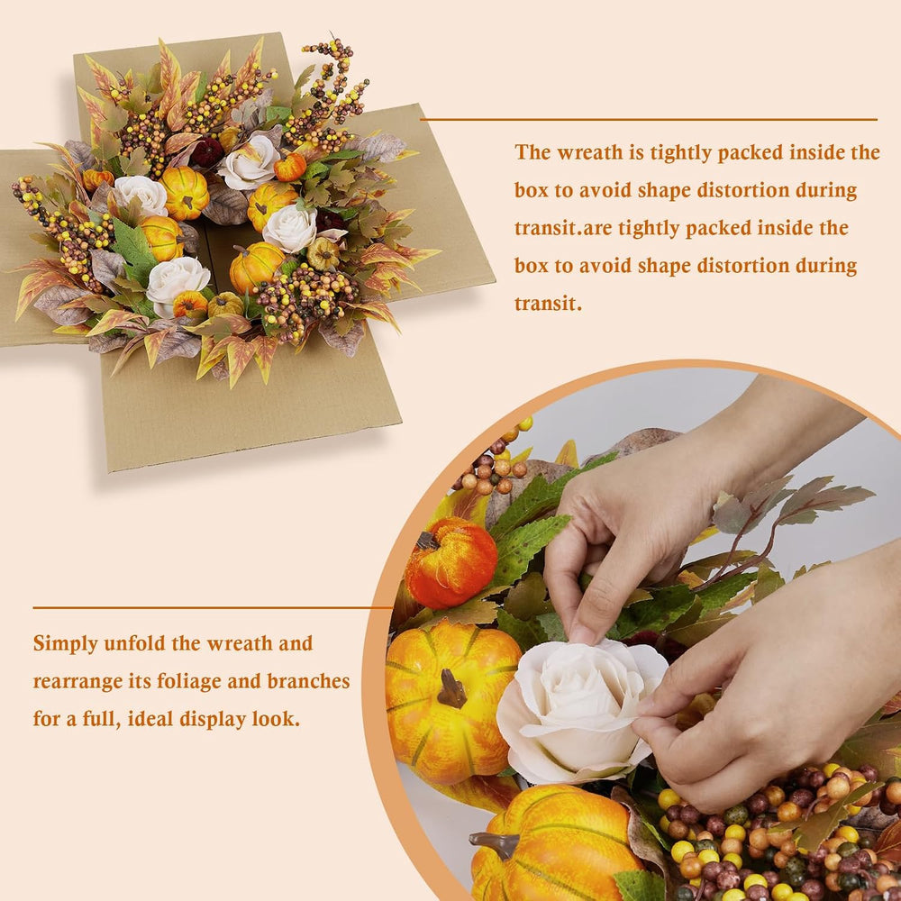 24 Inch Fall Wreaths for Front Door, Autumn Pumpkins Wreaths