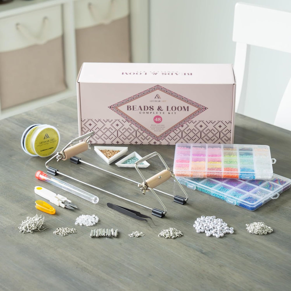 Complete Bead Loom Kit with 24,000 Colorful Glass Beads for Jewelry Making, N...